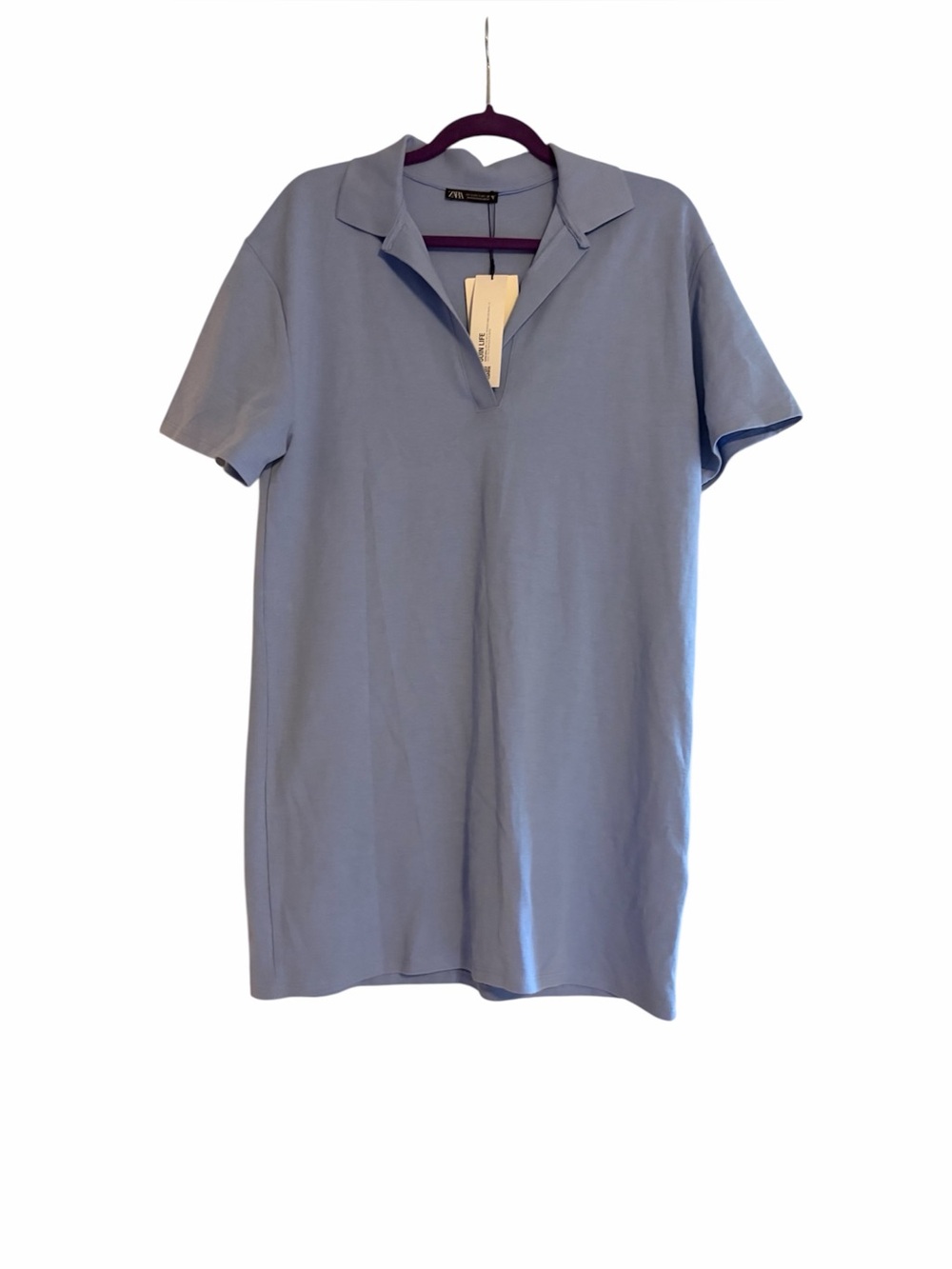 ZARA Light Blue Polo Shirt Dress V-Neck Collar Short Sleeve L NWT